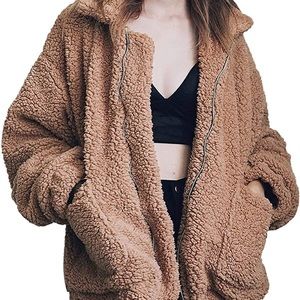 SHEIN Brown Dual Pocket Faux Fur Teddy Jacket